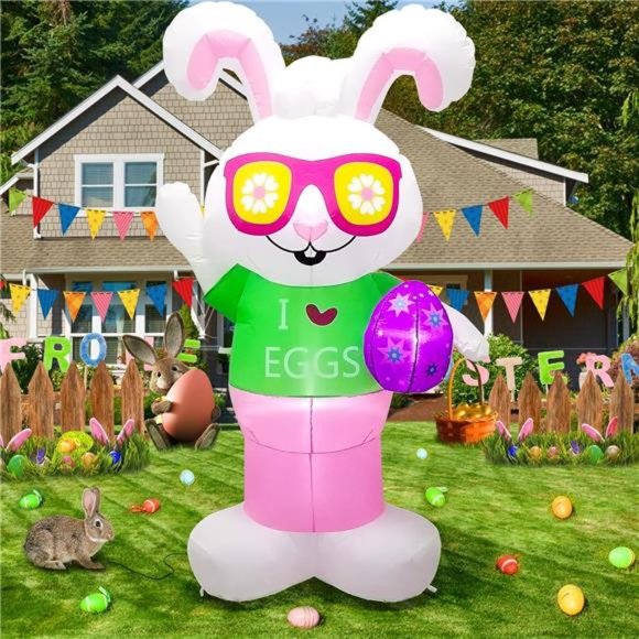 Easter Inflatables Pink Bunny with Colorful Eggs Build-in LEDs
